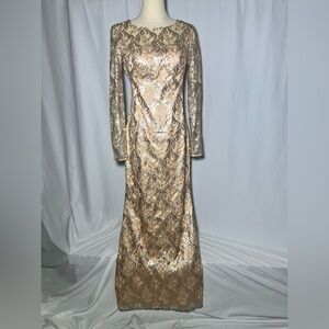Eliza J Long Sleeve beaded overlay Champagne Dress | 4